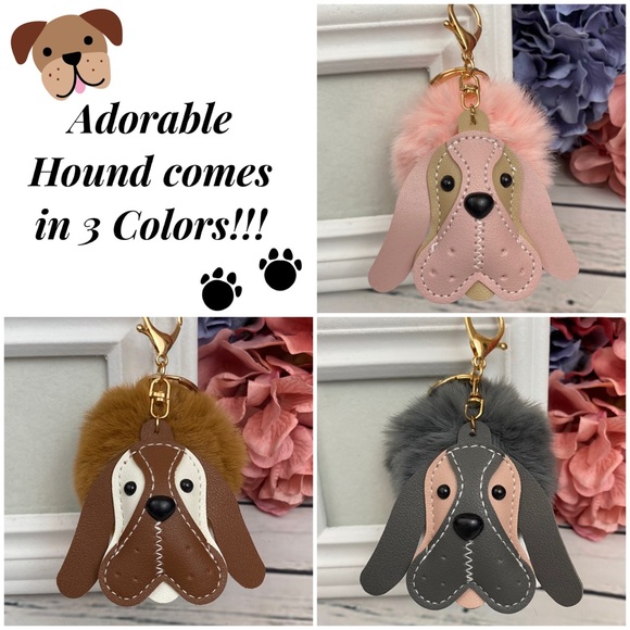 Cute Hound Dog on Gray Pom Pom Keychain - Picture 9 of 9
